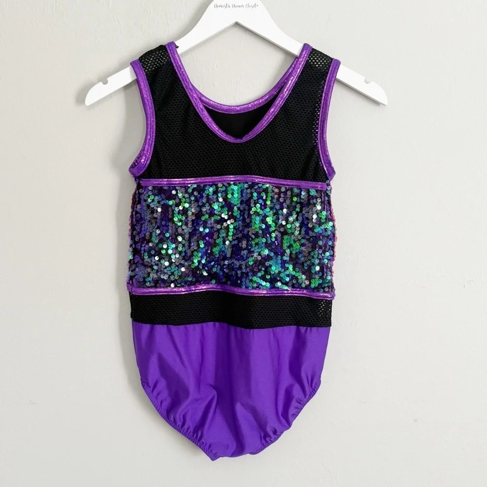 A WISH COME TRUE Kid’s Purple Black Sequin Leotard Mesh Inserts Size Child’s XL